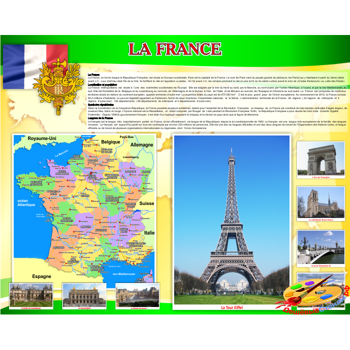 Стенд Достопримечательности Франции на французском языке в золотисто-зеленых тонах 