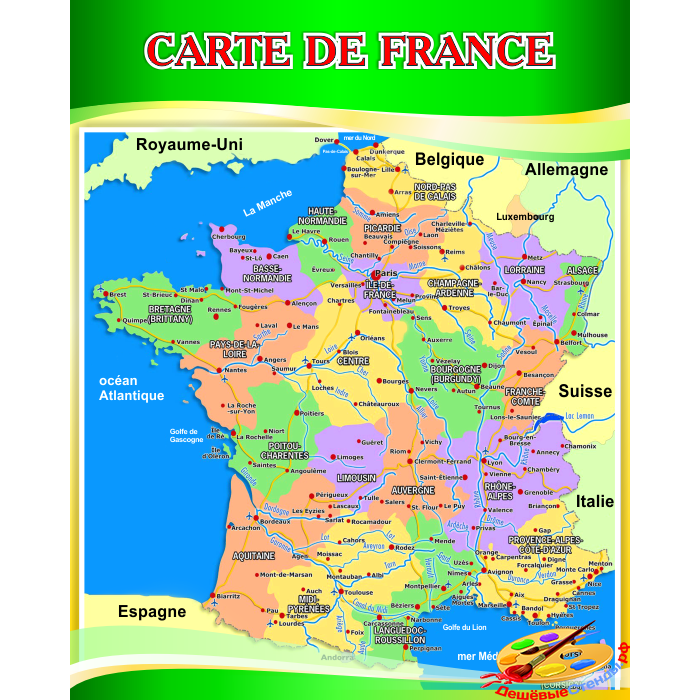 Стенд Карта Франции на французском языке в золотисто-зеленых тонах